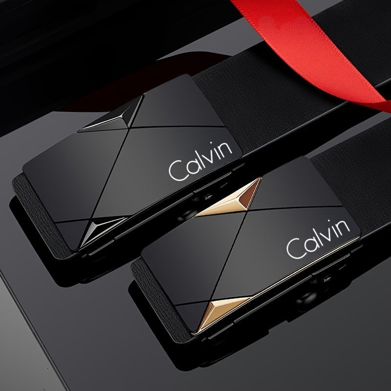 Two Calvin belts side by side with black and gold buckle variations