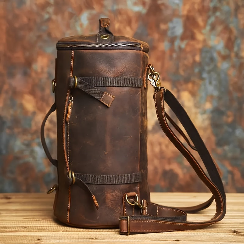 Vertical standing view of genuine leather backpack, showcasing compact build