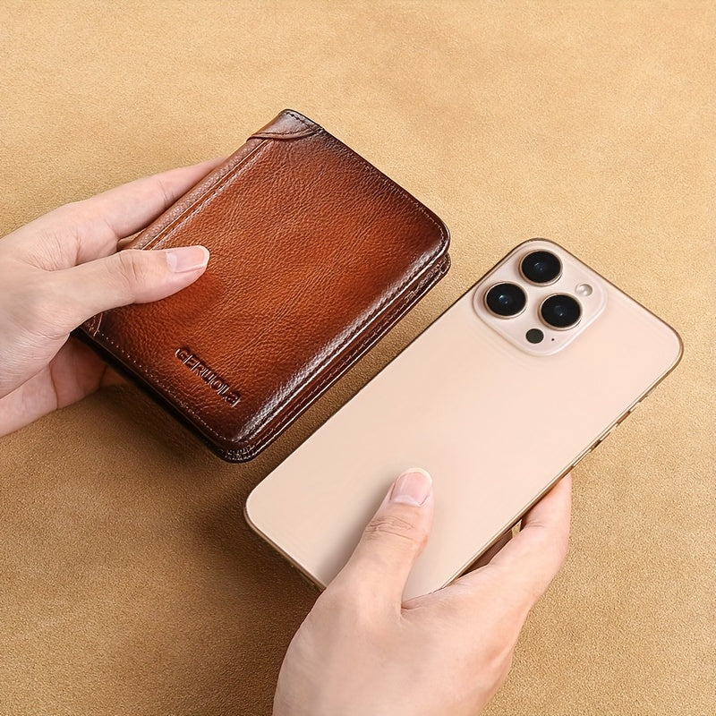 Wallet size compared with iPhone, compact and pocket-friendly design
