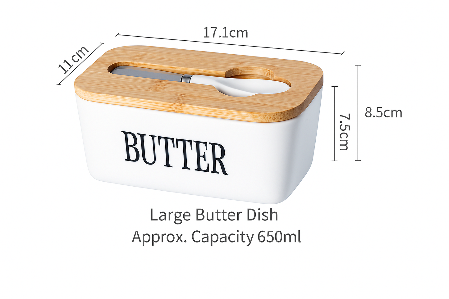 White ceramic butter dish with bamboo lid shown with measurement dimensions