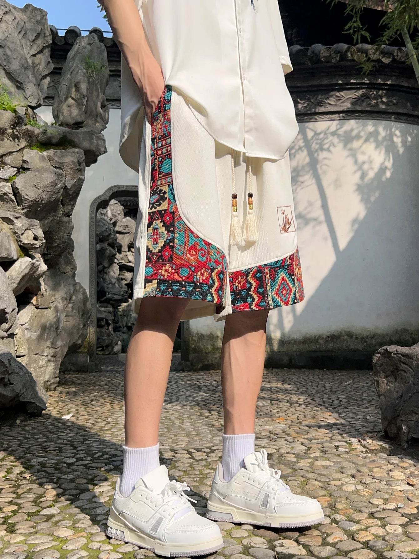 Ethnic Patchwork Drawstring Shorts - Montero Milan