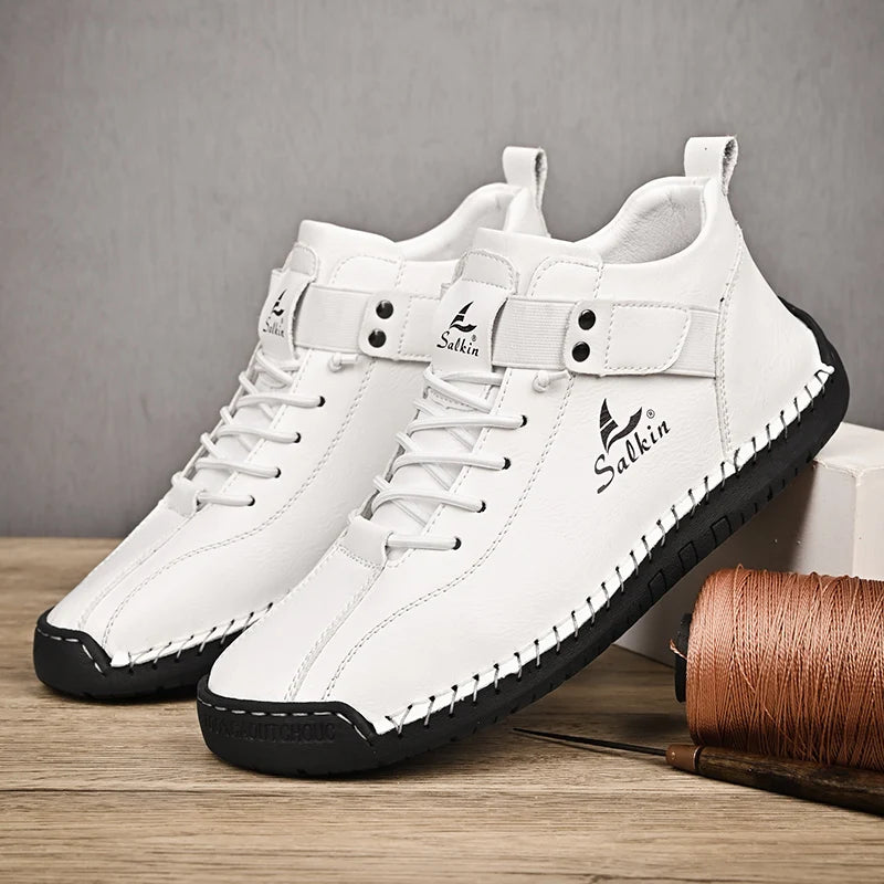 White leather casual sneakers with breathable upper and easy-wear silhouette, side view