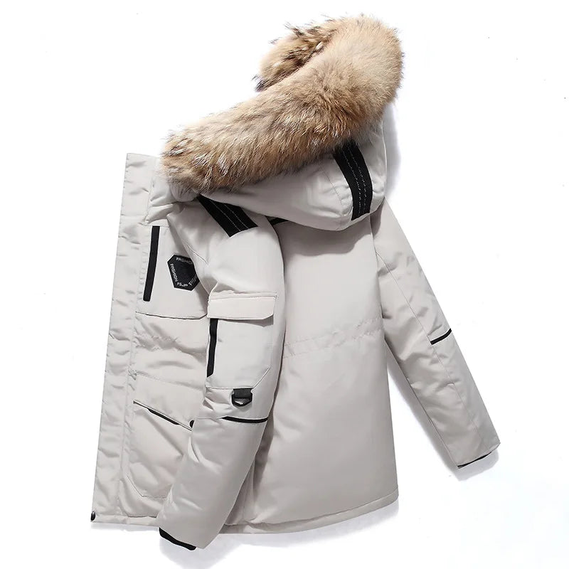 White men’s down parka jacket with faux-fur hood, back angle view