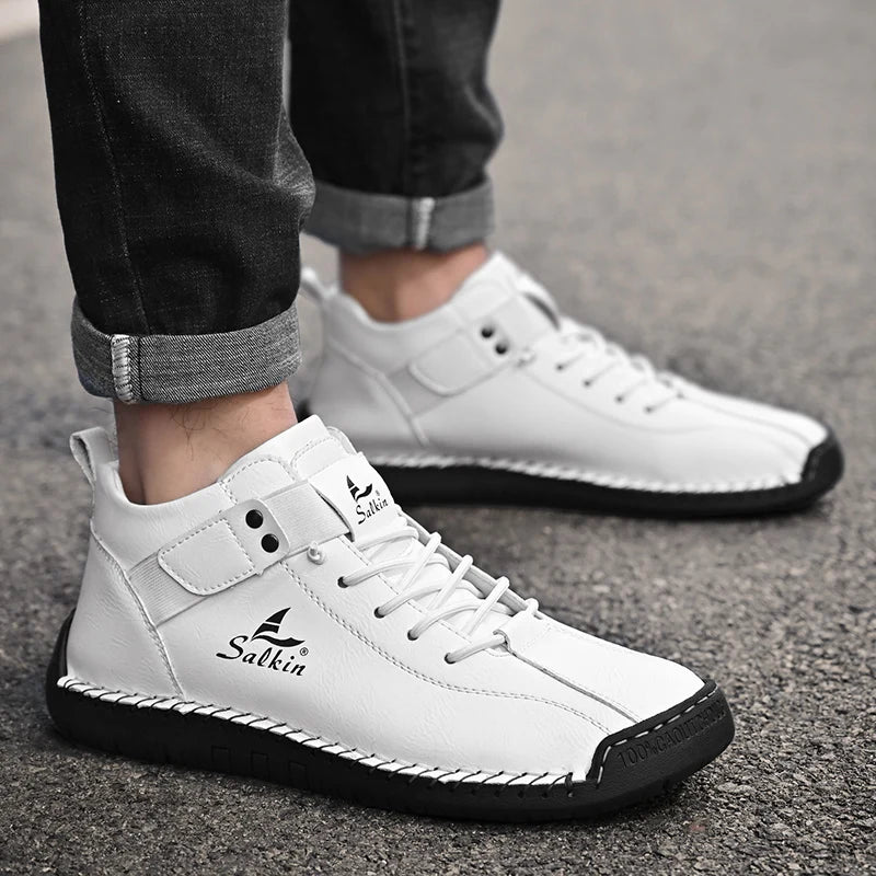 White split leather sneakers for men with stretch collar and soft fit, on-foot urban shot