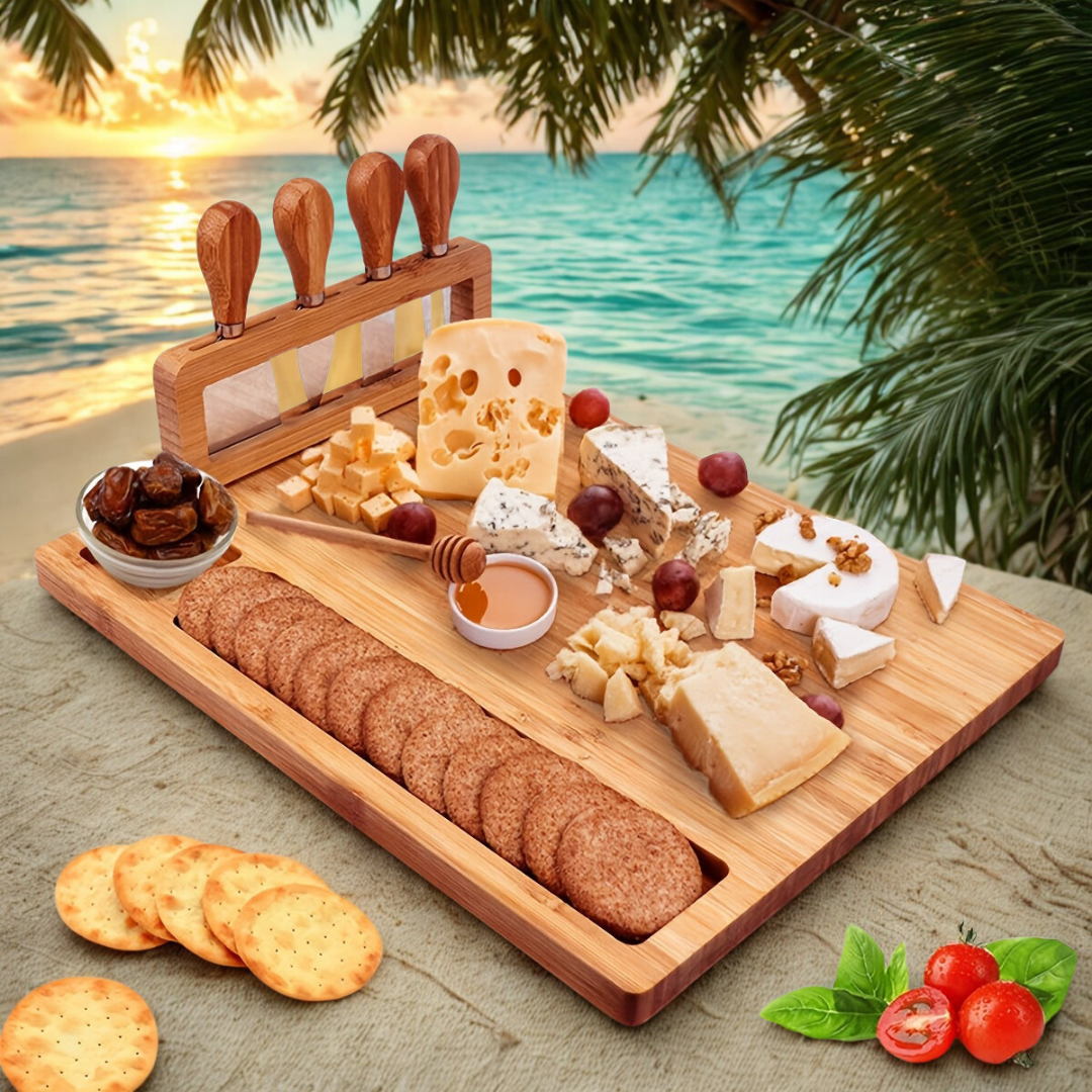 Wooden cheese board set with crackers and assorted cheeses placed on table by tropical beach at sunset