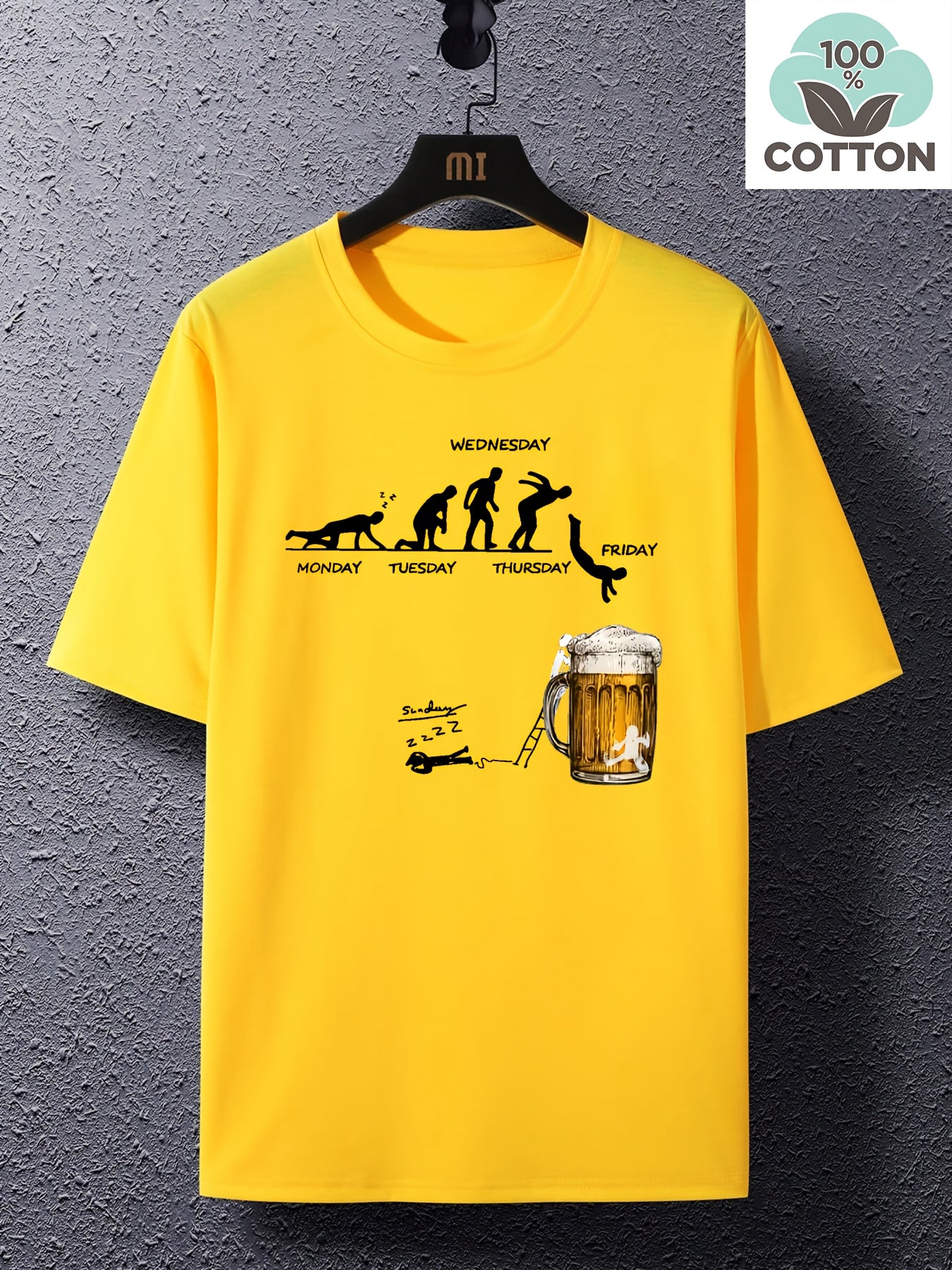Yellow cotton graphic T-shirt with weekday humor design and beer mug illustration, front view