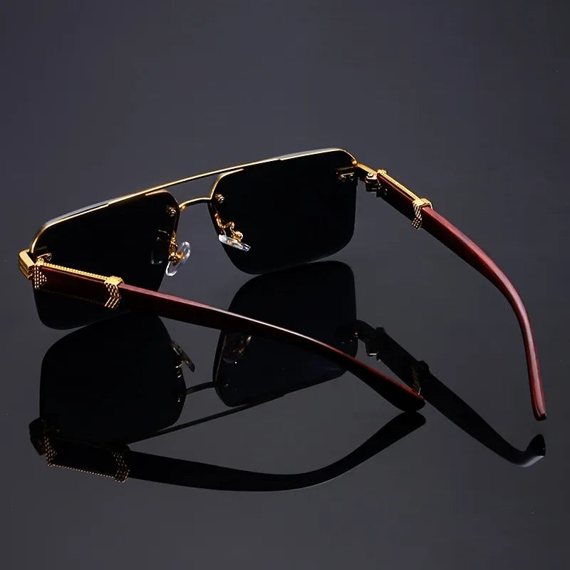 Zoomed-in hinge and gold arm detailing with faux woodgrain texture on sunglasses