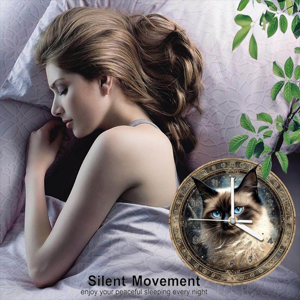 Vintage CatThemed Silent Wooden Wall Clock - Montero Milan