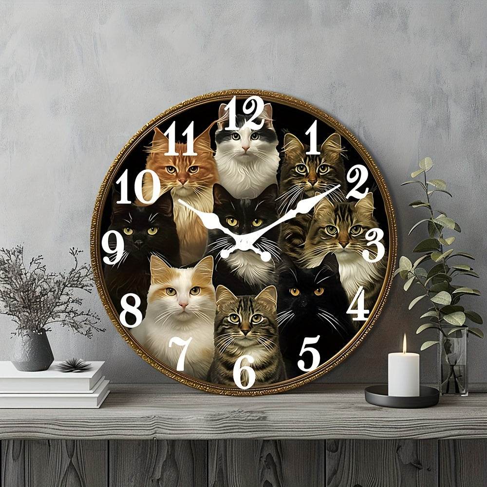 Charming CatThemed Rustic Wooden Wall Clock Battery Operated - Montero Milan