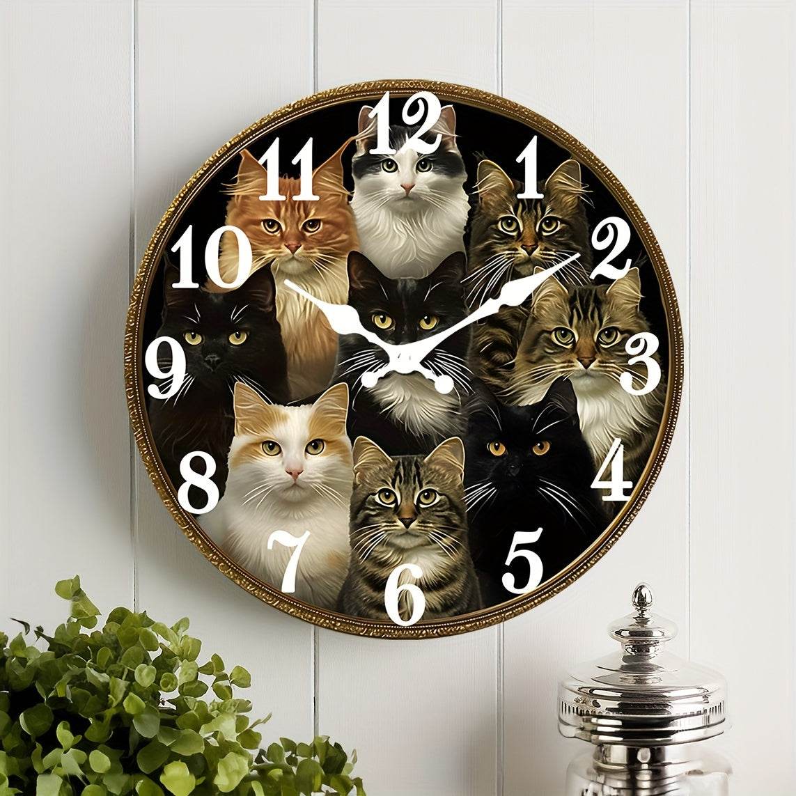 Charming CatThemed Rustic Wooden Wall Clock Battery Operated - Montero Milan