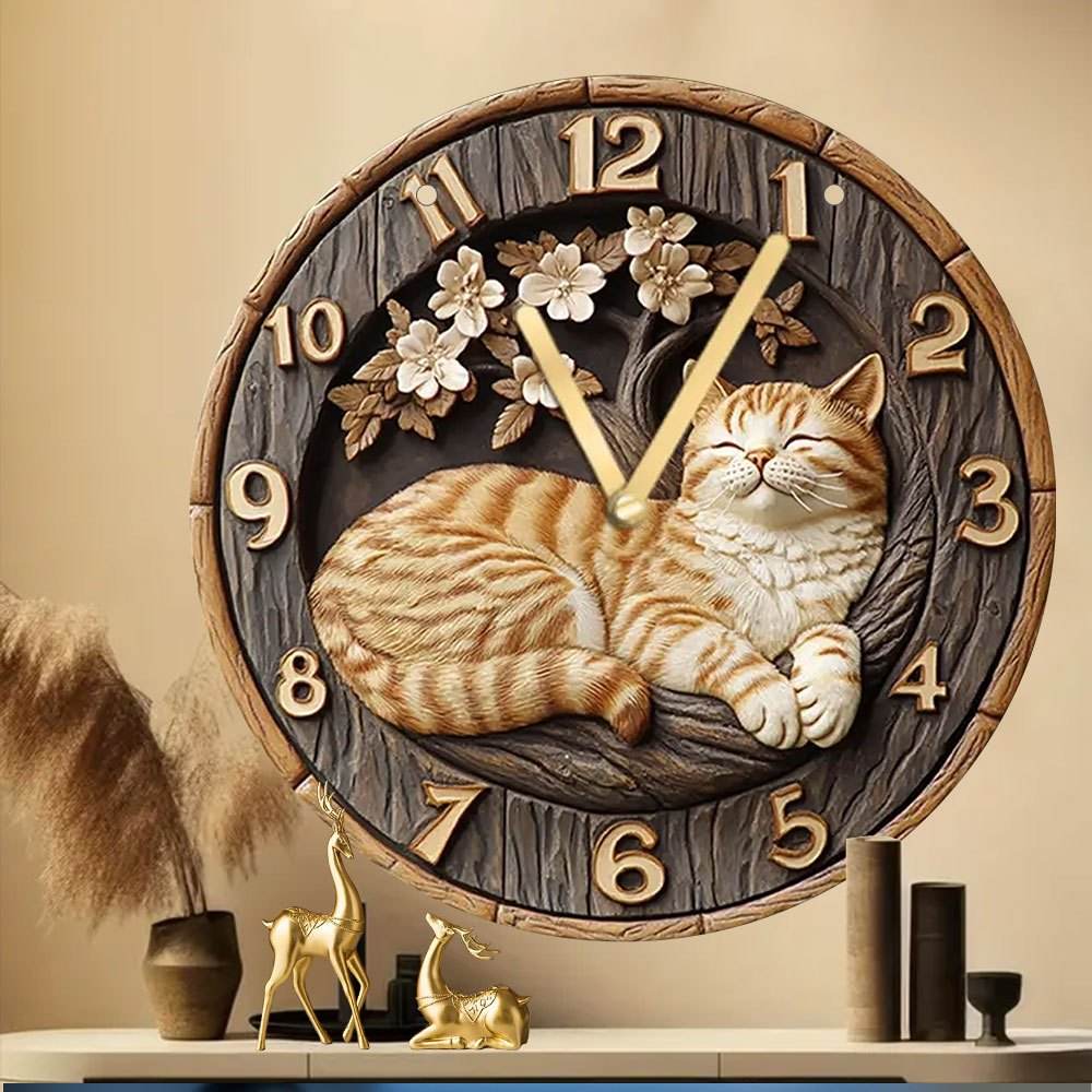 Charming Vintage Cat Floral Wooden Style Wall Clock - Montero Milan