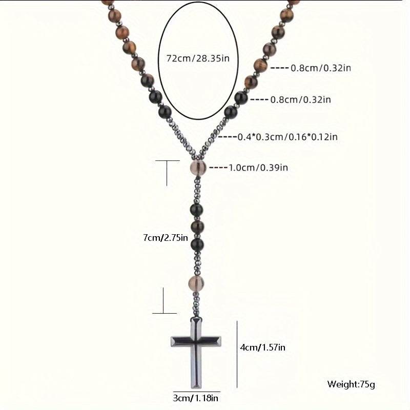 1pc Natural Tiger Eye Round Bead Long Chain Necklace with Hematite Cross Rosary Beads, Men's Jewelry for Spiritual Style - Montero Milan
