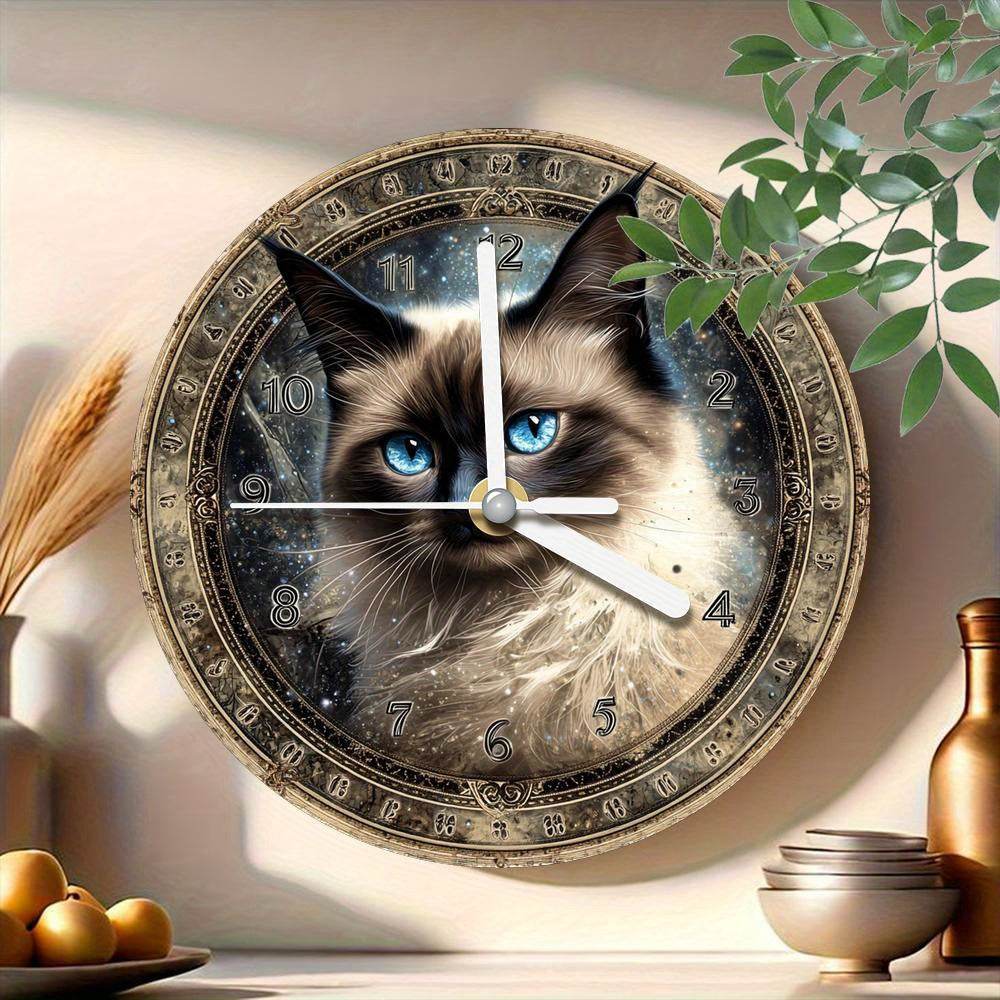 Vintage CatThemed Silent Wooden Wall Clock - Montero Milan