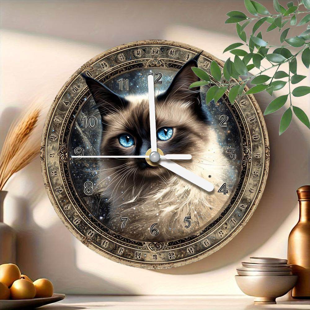 Vintage CatThemed Silent Wooden Wall Clock - Montero Milan