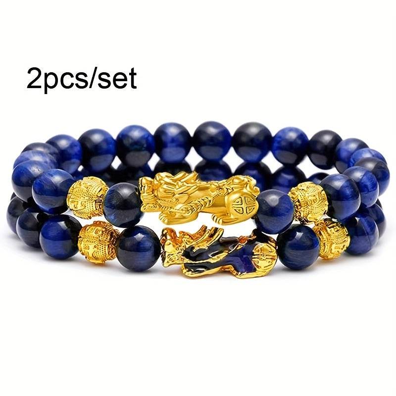 2 Pieces Natural Tiger Eye Stone Pixiu Charm Good Luck Bracelet for Men - Montero Milan