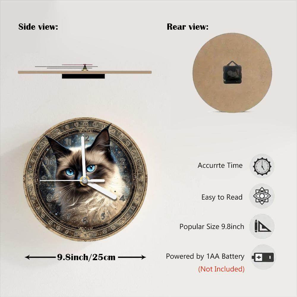 Vintage CatThemed Silent Wooden Wall Clock - Montero Milan