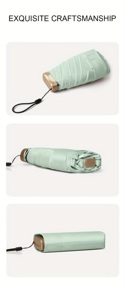 Compact 6-Rib Mini Folding Umbrella - Lightweight Durable Aluminum Alloy Handle & Frame, Manual Open/Close, Stylish Portable Design for Sun & Rain, Available in Pink, Blue, White, Gray - Cute Rain Gear with PVC Umbrella