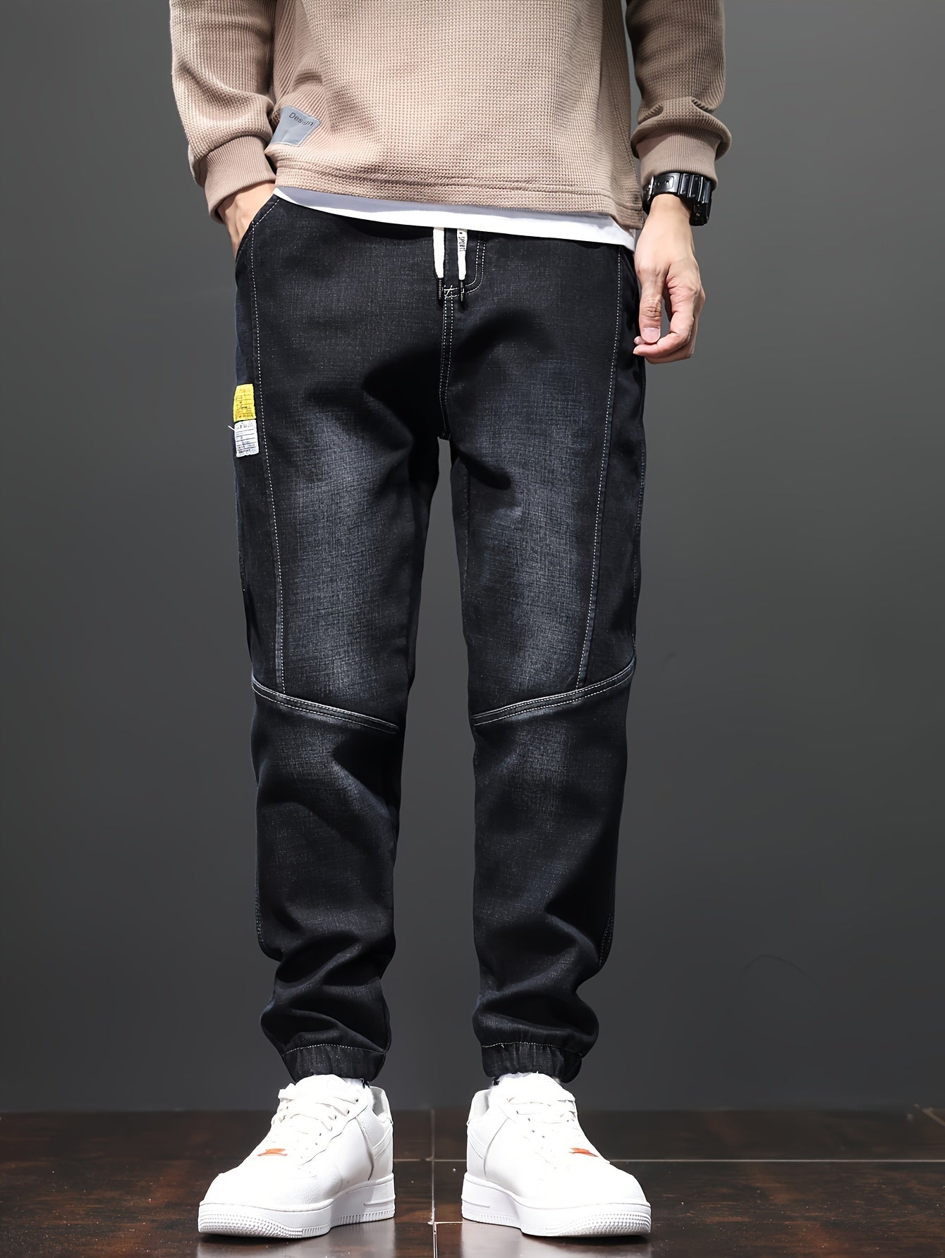 Fleece-Lined Stretch Denim Joggers