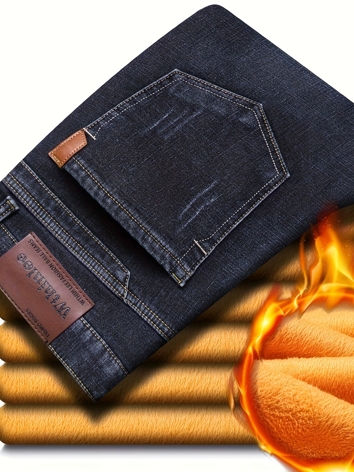 24 Autumn/Winter New Wthinlee Men's Fleece-Lined Thickened Jeans, Warm and Comfortable Straight-Leg Trousers for Work Casual Wear