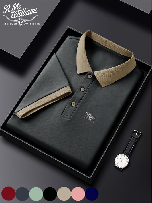 R.M.Williams Men'S Casual Summer Shirt - Beige with Green Collar & Cuffs, Button-Up Collar, Short Sleeve, Regular Fit for Gym, Outdoor Activities & Casual Attire, Gym Apparel, Classic Collar Design, Comfortable Fit