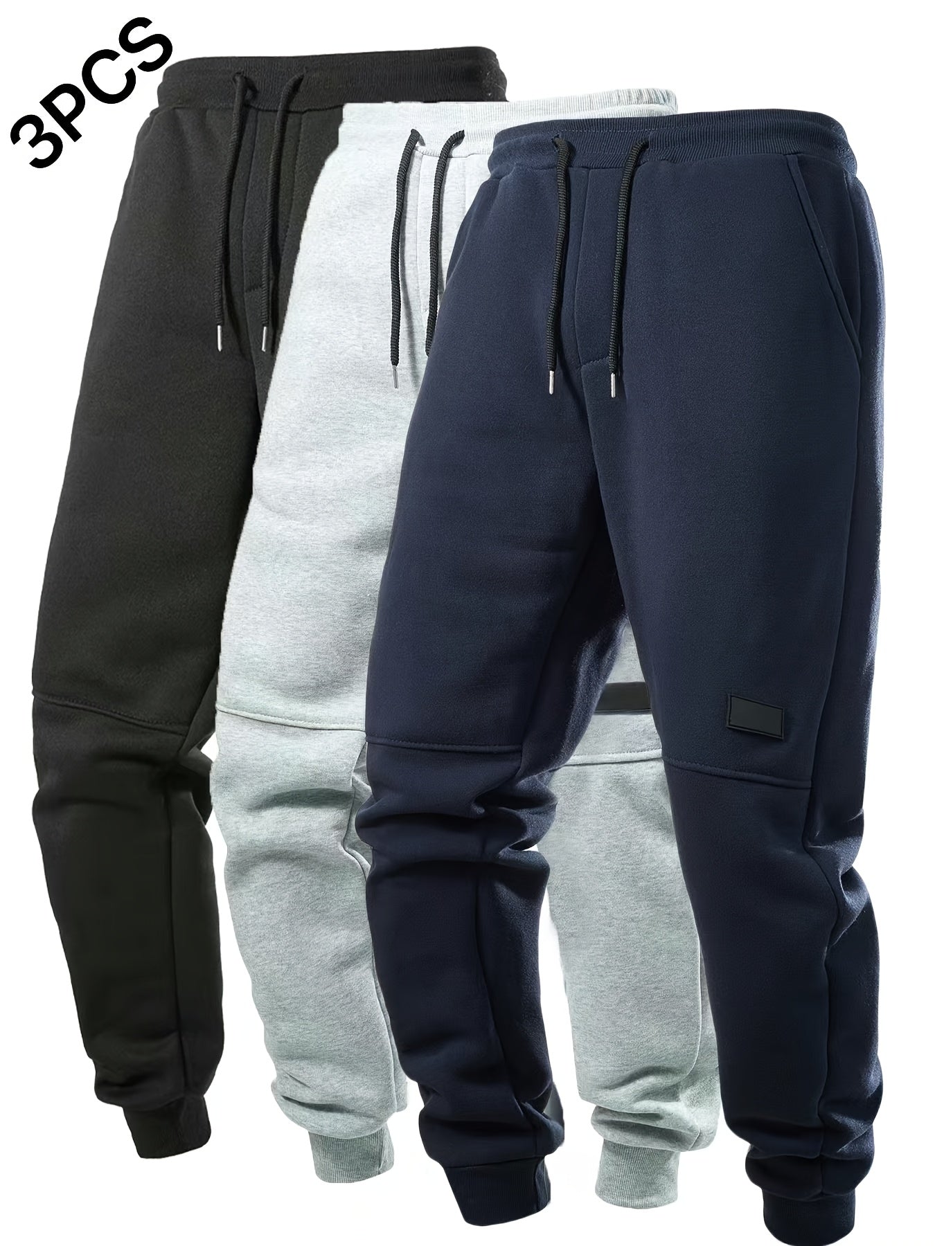 3-piece set of black, light grey, and navy fleece jogger sweatpants with drawstring waist