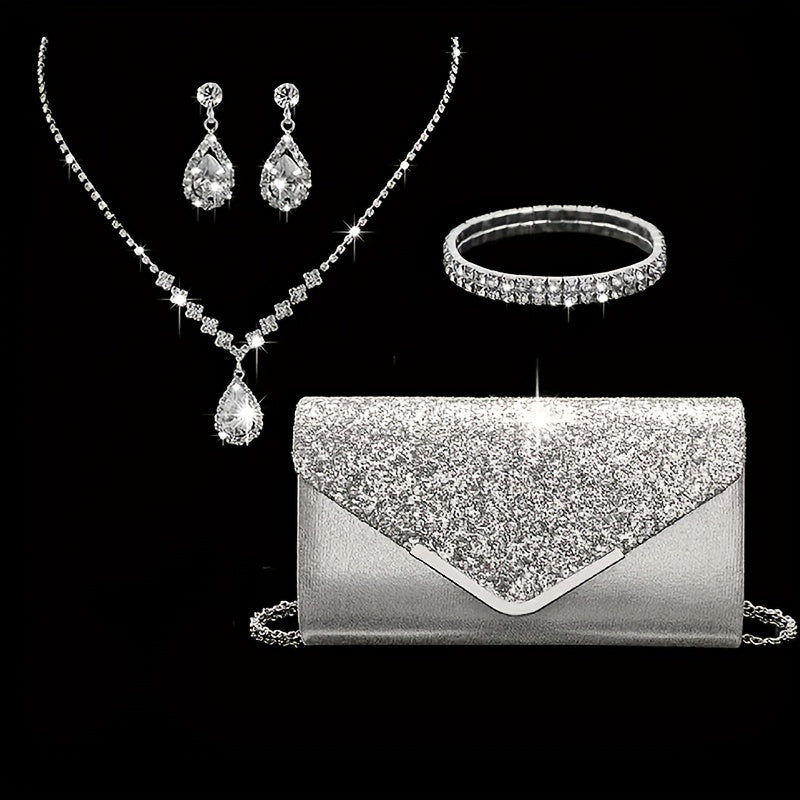[4pcs Elegant Clutch Set] 4pcs Women's Elegant Sparkling Clutch Evening Bag Set | Decorative Chain Shoulder Bag, Rhinestone Necklace Earrings