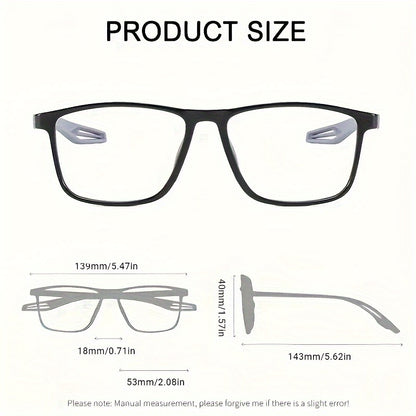 Sport reading glasses size chart with frame and lens dimensions in millimeters and inches