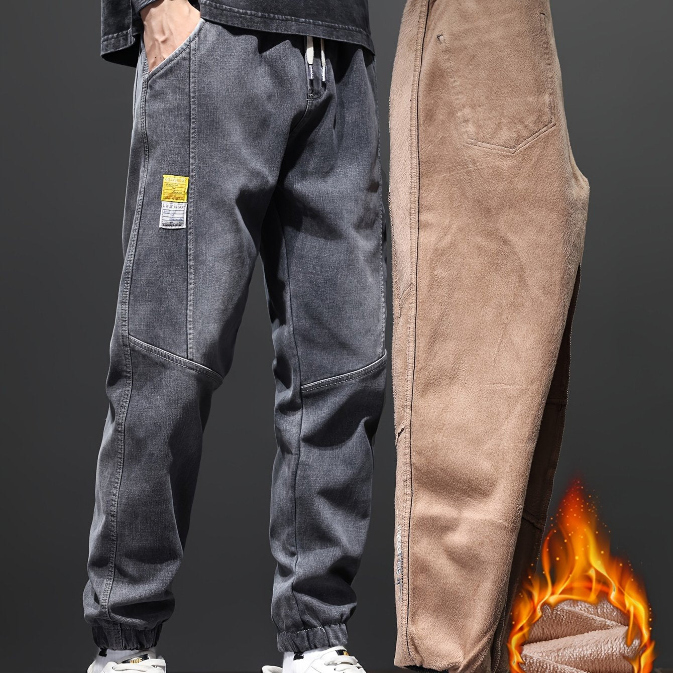 Fleece-Lined Stretch Denim Joggers