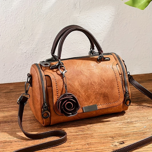 Retro Chic Leather Boston Handbag