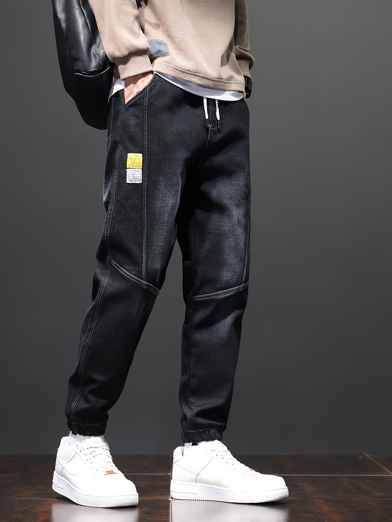 Fleece-Lined Stretch Denim Joggers