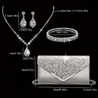 [4pcs Elegant Clutch Set] 4pcs Women's Elegant Sparkling Clutch Evening Bag Set | Decorative Chain Shoulder Bag, Rhinestone Necklace Earrings