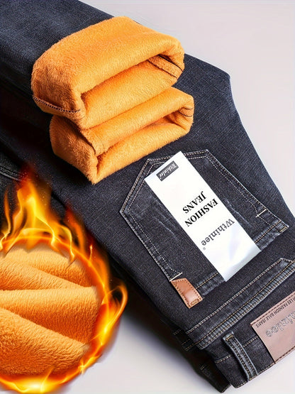 24 Autumn/Winter New Wthinlee Men's Fleece-Lined Thickened Jeans, Warm and Comfortable Straight-Leg Trousers for Work Casual Wear