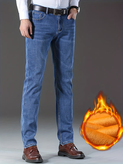 24 Autumn/Winter New Wthinlee Men's Fleece-Lined Thickened Jeans, Warm and Comfortable Straight-Leg Trousers for Work Casual Wear