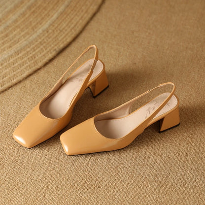 Apricot glossy patent leather pumps with medium block heel