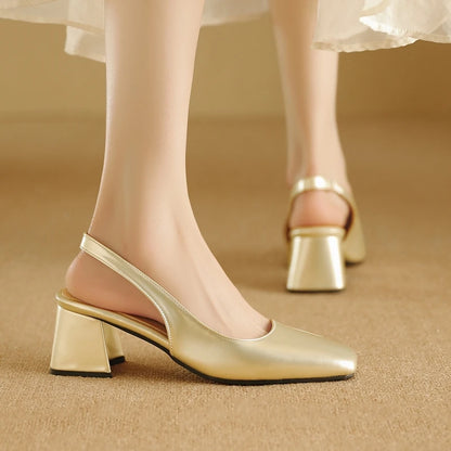 Apricot glossy patent leather slingback shoes, side and back view