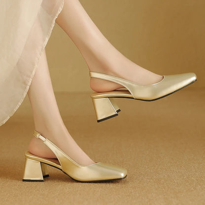 Apricot patent leather slingback shoes with low block heel, angled view