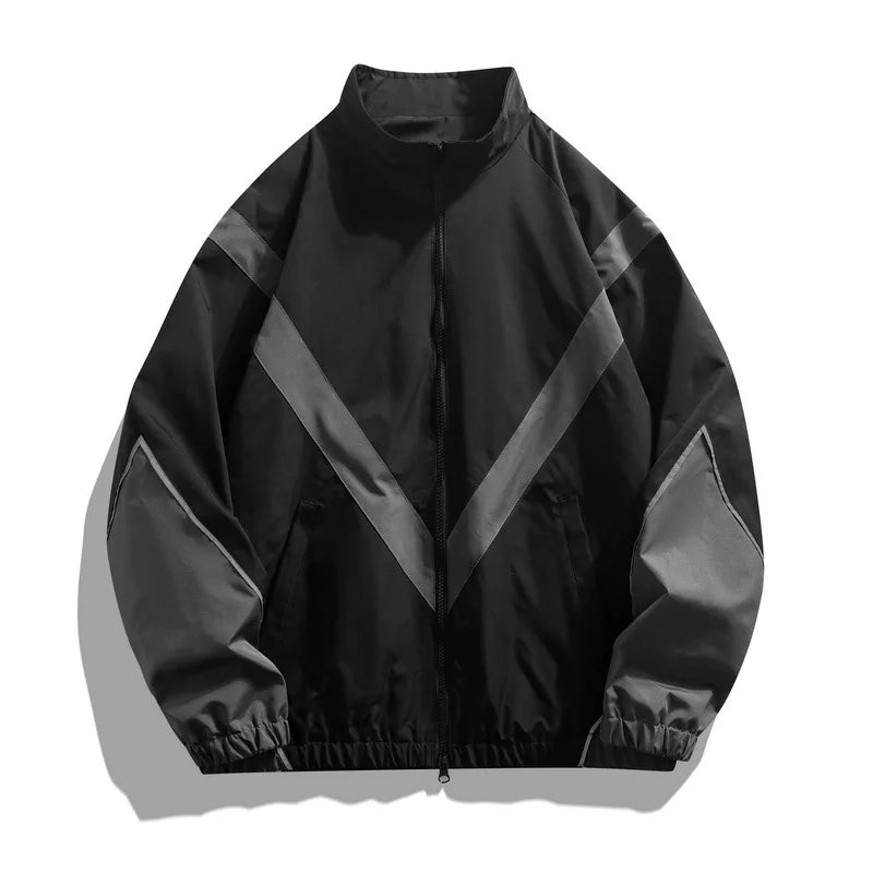 Back view of black windbreaker reflective sports jacket showing wide reflective pattern
