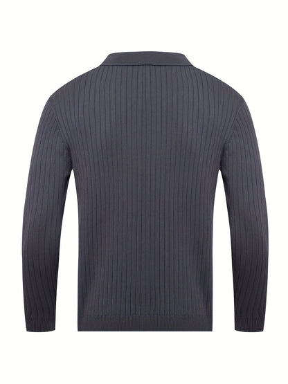 
Back view of men's charcoal gray knit polo sweater with ribbed detailing