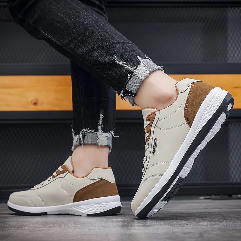 Beige and brown sneakers with jeans, street-style walking view