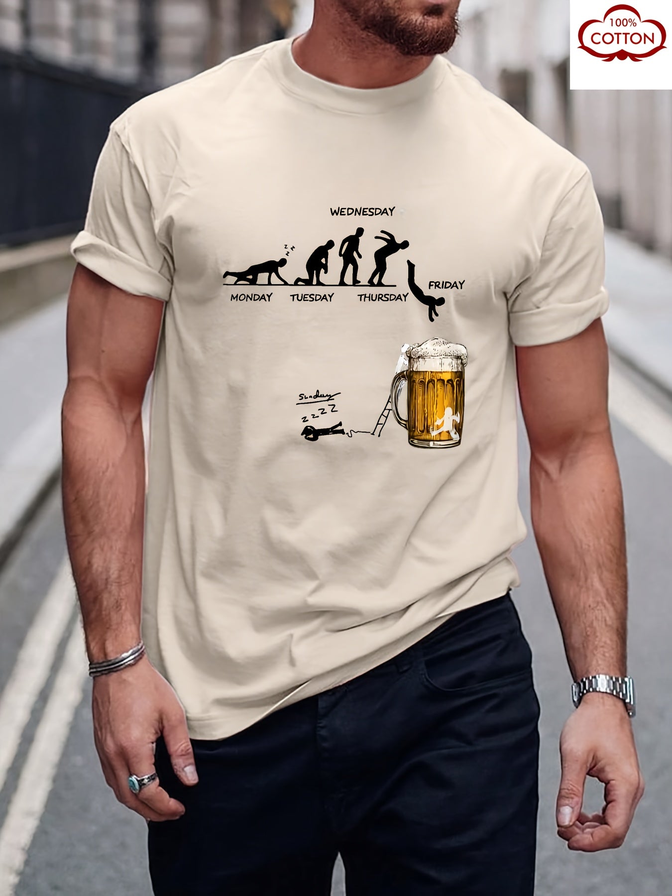 Beige cotton T-shirt with weekday humor print and beer mug illustration, outdoor model view