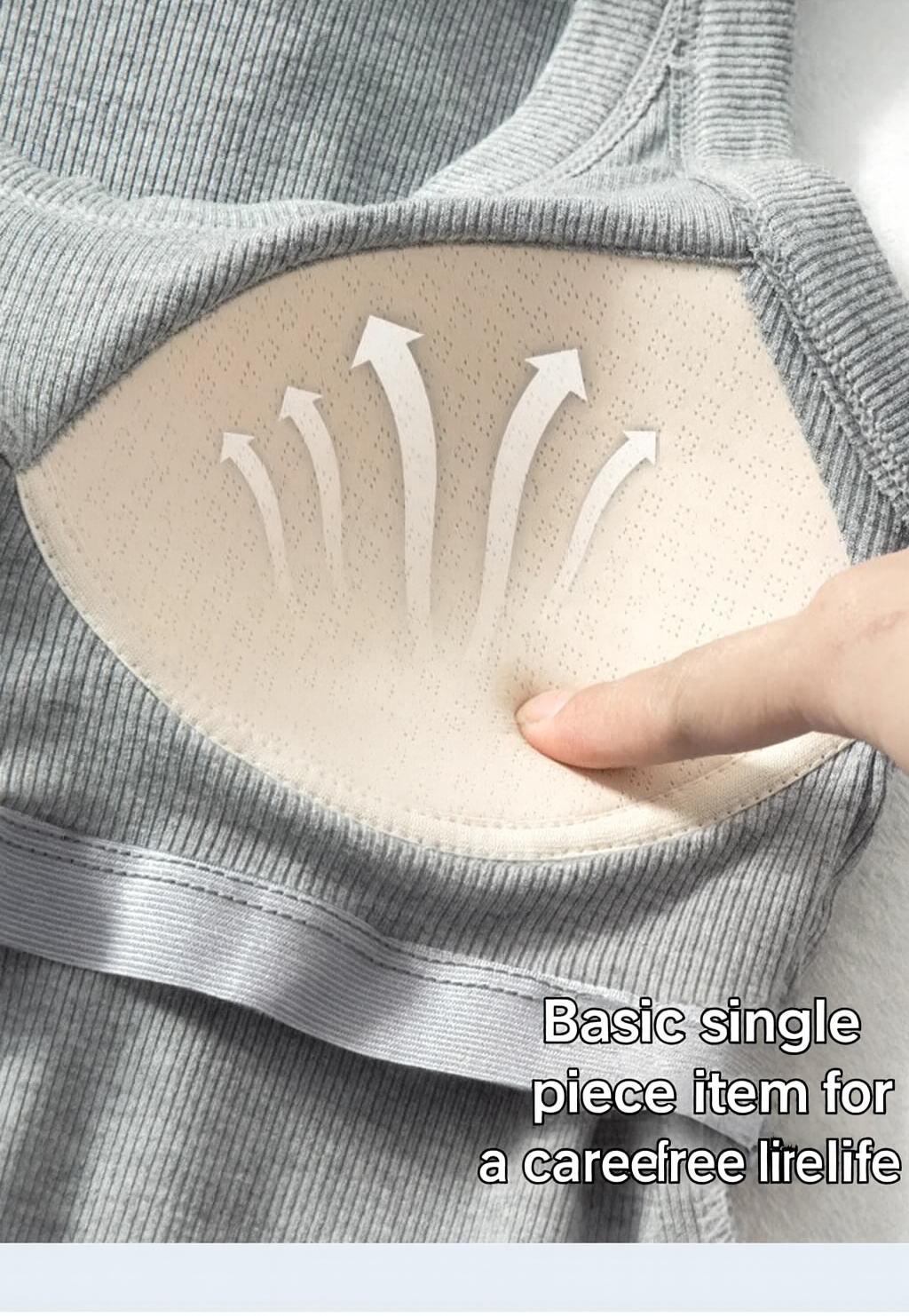 Beige padded bra cup close-up with breathable arrows