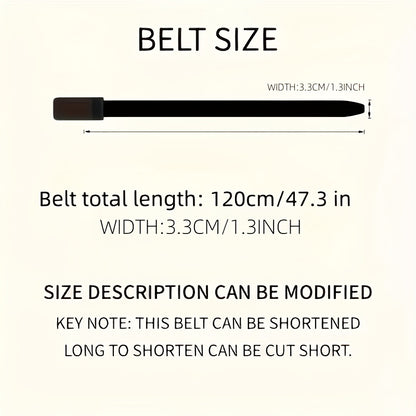 Belt size guide showing 120cm length and adjustable width