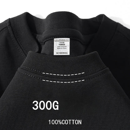 Black 300g cotton T-shirt collar close-up with reinforced stitching and label