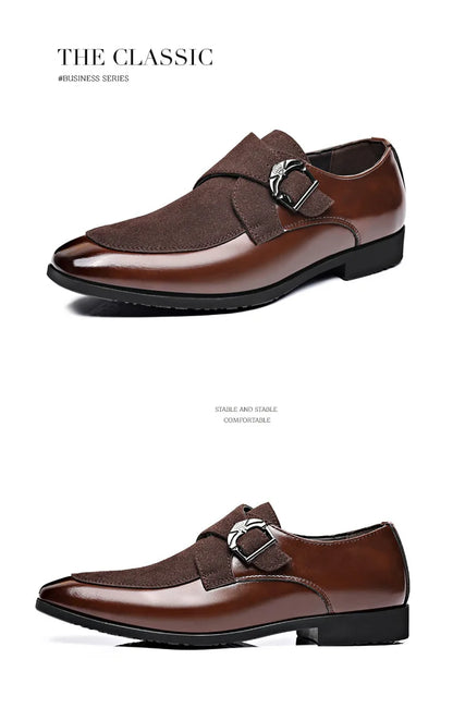 Black and brown men’s leather loafers with buckle and textured upper