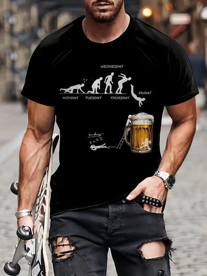 Black cotton T-shirt with weekday evolution and beer mug graphic, outdoor model view