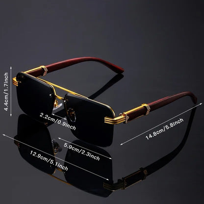 Black frameless sunglasses with gold temples, detailed size measurements overlayed in cm and inches
