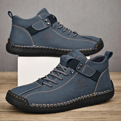 Blue split leather sneakers for men with flexible soles and easy-wear design