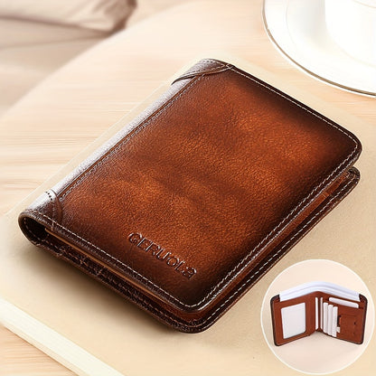 Brown bi-fold leather wallet on desk, inset showing white placeholder slots and ID window