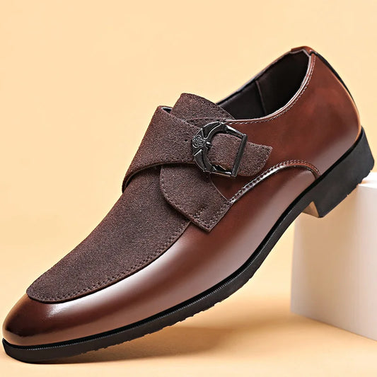 Brown faux suede men’s leather loafers with buckle detail on beige background