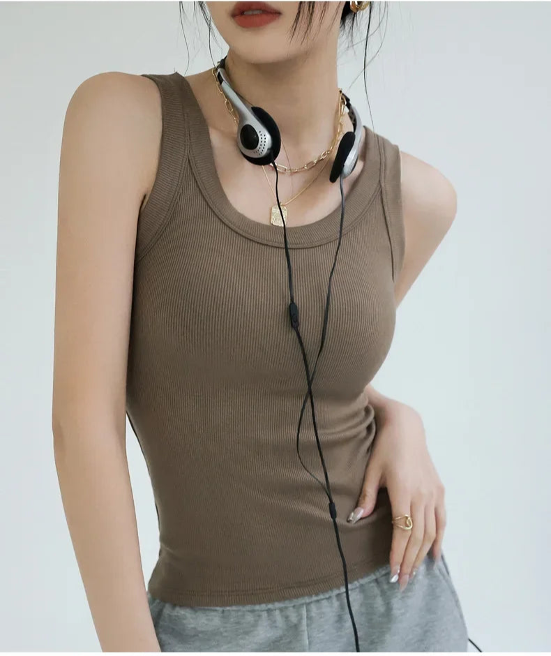 Brown ribbed tank top with integrated padding, paired with lounge pants